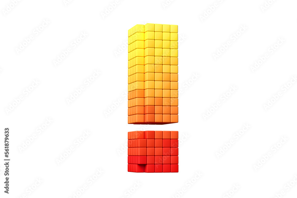 Poster pixel art style exclamation point in yellow and orange. high definition 3d rendering 8-bit concept f