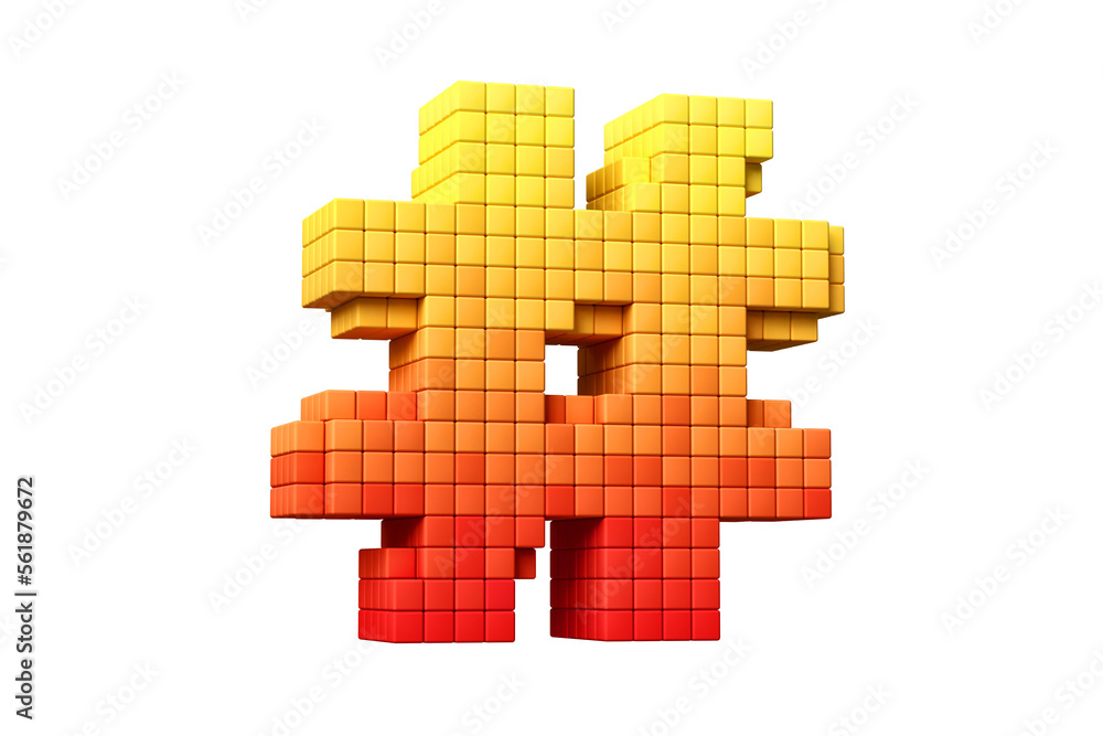 Poster pixel art style hashtag symbol in yellow to orange color scheme. high definition 3d rendering old sc