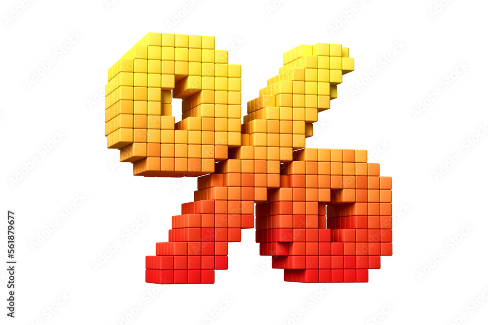 Poster pixel art style percentage sign in yellow and orange. high definition 3d rendering 8-bit concept fon