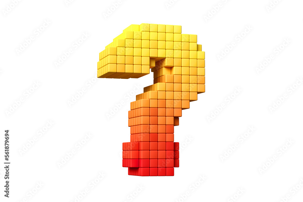 Poster pixel art style interrogation mark in yellow and orange. high definition 3d rendering retro electron