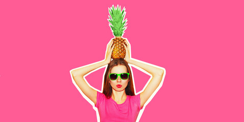 Fashion portrait of woman in sunglasses with pineapple on pink background, magazine style