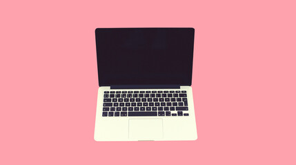 Close up laptop with blank black screen on pink background
