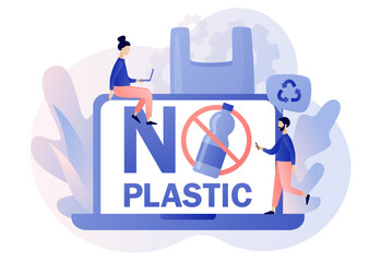 No plastic sign on laptop screen. Tiny people against plastic garbage. Reduce pollution. Environmental concept. Modern flat cartoon style. Vector illustration on white background
