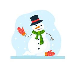 Funny flat snowman in hat, scarf, mittens on snowy background. Vector cartoon illustration in bright colors. Square image of cute winter character with smile for holiday season greeting poster or card