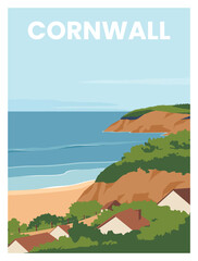 travel poster of Cornwall England.Travel to Cornwall South West England United Kingdom.Vector illustration with colored style for poster, postcard, card, background, art print.
