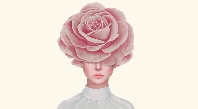Woman and flower head. Concept idea art of surreal mystery and love. Conceptual 3d illustration. Human and nature.