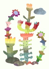 Watercolor painting of flowers and leaf isolated on a white background. cute plant illustration, doodle art.