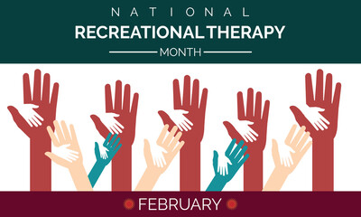 Recreational Therapy month is February with hands and Realistic ribbon  Vector illustration