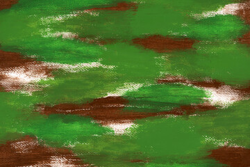 Abstract acrylic brown and green paint on textured horizontal canvas. Brushstrokes of dark brown and shades of green paint create a camouflage pattern. Artistic background with copy space.