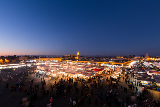 Jama el fna night market at sunset in Marrakech, Morocco 