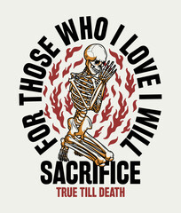 Detailed Praying Skeleton Among The Flames Illustration with Slogan Vector Artwork on White Background for Apparel and Other Uses