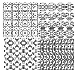 Set of geometric seamless decorative vector abstract black and white patterns with various shapes and elements and hexagons.