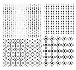 Set of geometric seamless decorative vector abstract black and white patterns with circles and dots lines and lattices.