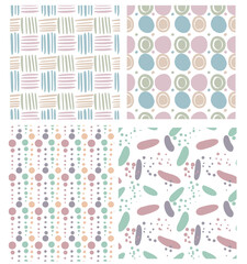 Set of seamless decorative vector abstract patterns in pastel pink blue green colors with dots lines and circles.