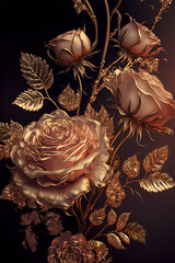 Beautiful decorative golden Roses generative AI