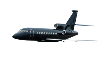 Modern black private jet flying isolated on transparent background