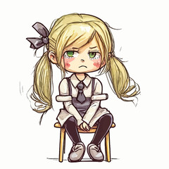 Portrait of a teenage girl in school uniform, expressing her discontent with a pout. Stylized illustration, for a dynamic and emotional graphic use.