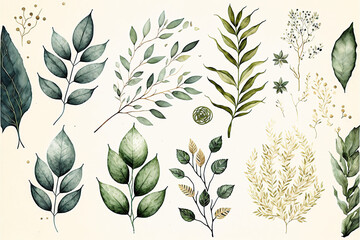 Watercolor floral illustration set - green leaf branches collection, wallpapers, background,  AI