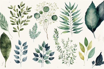 Watercolor floral illustration set - green leaf branches collection, wallpapers, background,  AI
