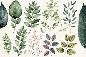 Fototapeta premium Watercolor floral illustration set - green leaf branches collection, wallpapers, background, AI