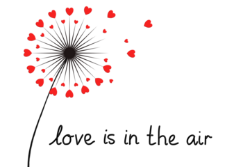Love is in the air, phrase and red hearts dandelion illustration isolated with copy space