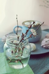 Cup of coffee with meringue, flowering cherry branches in water in a glass jar, sweet dessert on a plate on a wooden windowsill, spring season, home comfort