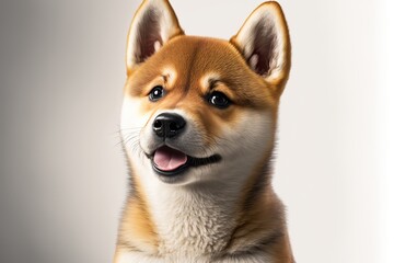 happy cute face of a Shiba inu puppy on a white background . Studio lighting. Generative AI.