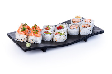 Traditional japanese sushi pieces on white background