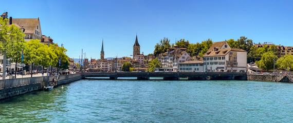 Panorama of the old town of Zurich with the Limmatquai, bridges and churches, Zurich, Switzerland - obrazy, fototapety, plakaty