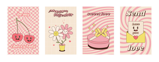 Obraz premium Groovy Valentine lovely poster set. Love concept. Be my valentine. Happy Valentines day greeting card. Funky pattern and texture in trendy retro 60s 70s 80s cartoon style. Vector illustration