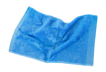 One bath blue terry towel close-up isolated on a white background. Towel mockup
