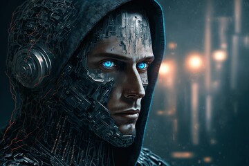 A futuristic anime style cyborg man with bright blue eyes in a hood, generative ai