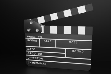 Fototapeta na wymiar Black complete movies clapperboard symbol represented by an isolated film slate with black background in 3d model