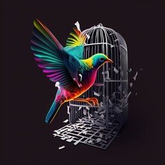 Obraz premium Colorful bird flying out of the black and white cage. Concept for freedom and breaking the chain. Generative AI.