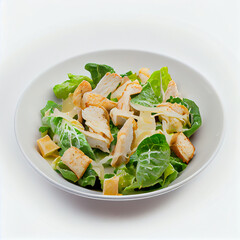 Caesar Salad with Chicken on a White Plate . Illustration Generative AI