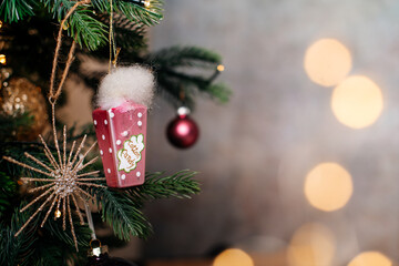 Christmas tree decorations. Christmas and New Year concept. Creative festive holiday layout