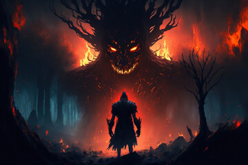 Fototapeta premium fire demon, dark fantasy forest, landscape, horror, art illustration