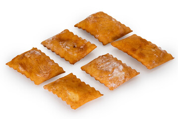 Angel wings, bugie (lies) or frappe or chiacchere or. Traditional italian carnival dessert isolated on white, clipping path