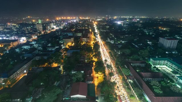 Time lapse of the city of Yangon Myanmar at night.