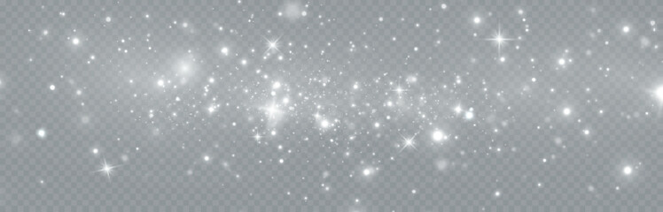 Particles of white magic dust. Shining light particles.Christmas glitter particles. Light effect on a transparent background