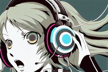 anime style girl in big headphones