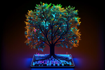 Neon tree on a computer chip. Created with generative Ai technology