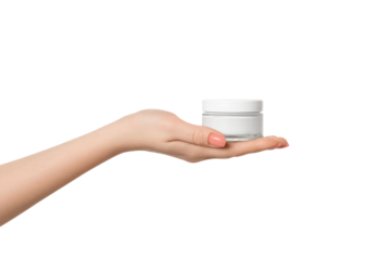 A jar of nourishing cream in a female palm, isolate.