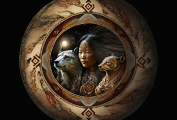 Shaman with her shamanic animals holding the yin-yang portal to our universe and consciousness. Concept.  Copy space. Shaman guardian of our realities. Generative art, AI