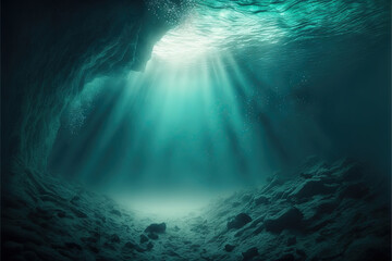 Fototapeta na wymiar negative space background, free space wallpaper - underwater scene with rays of light and sun rays