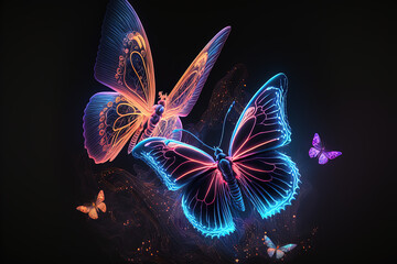 Beautiful neon butterflies on dark background. Fantasy insects. Generative AI