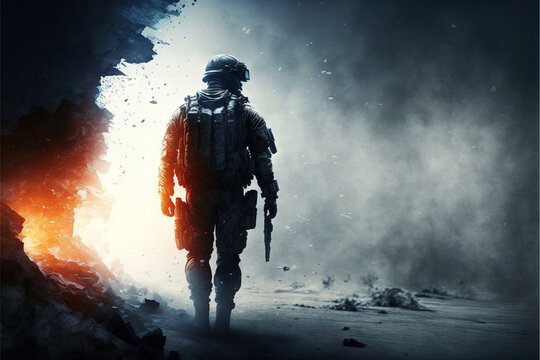 negative space background, free space wallpaper - soldier in the smoke