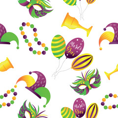 Mardi Gras symbols on white background. Pattern for design