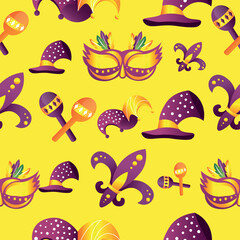 Mardi Gras symbols on yellow background. Pattern for design
