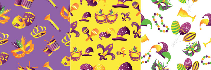 Collage of bright Mardi Gras symbols. Patterns for design